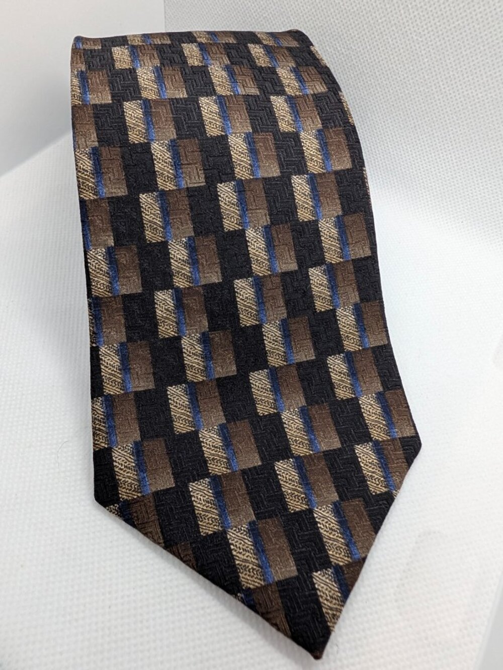 Polifroni Milano Men Tie Browns Blue Block Pattern 100% Silk 58" x 4"